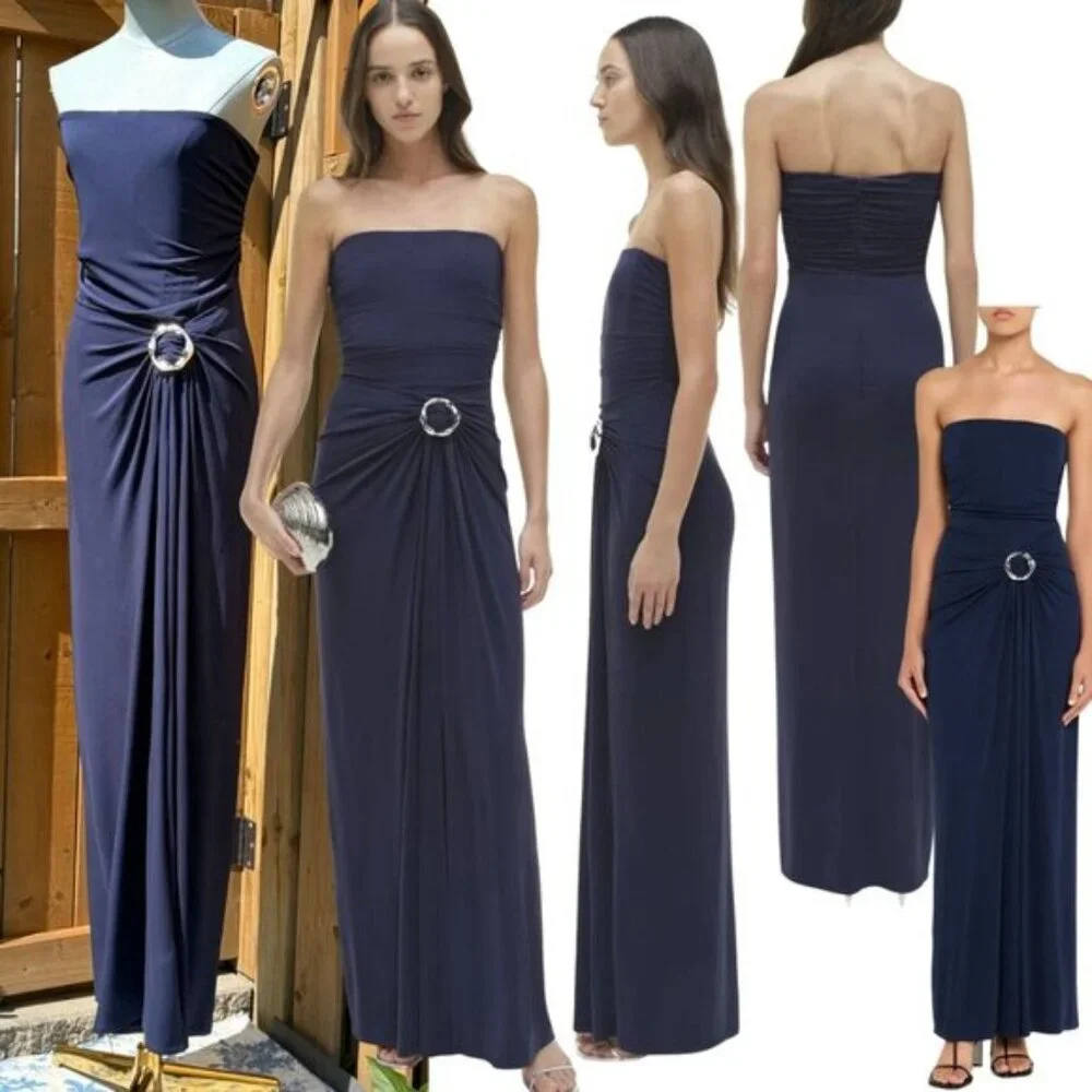 🆕 SIMKHAI 🧿 NWOT Emma Draped Jersey Bustier Midi Dress, Midnight Blue Sz US 12 - Picture 1 of 13